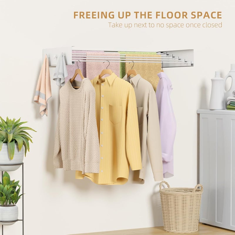 ZMBESUP Upgrade Laundry Drying Rack, 31.5" Drying Rack Clothing Wall Mounted,Foldable, 5 Aluminum Rods with 6 Hooks, Space-Saving White Collapsible Drying Racks Hanger for Laundry Bathroom - Image 4
